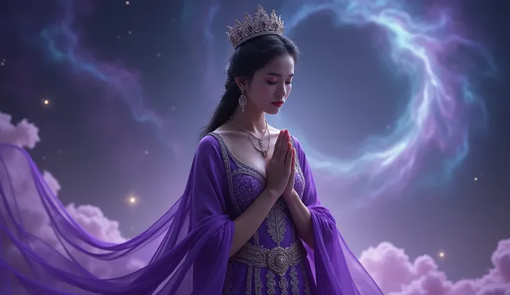 Picture of a very beautiful woman , big chested, big boobs and sexy,  beautiful crowned  &  in a purple dress with a purple shawl , royal princess of yesteryear , she is the queen of Thai labor ,  her hands praying and her eyes looking towards her hand ,  ...