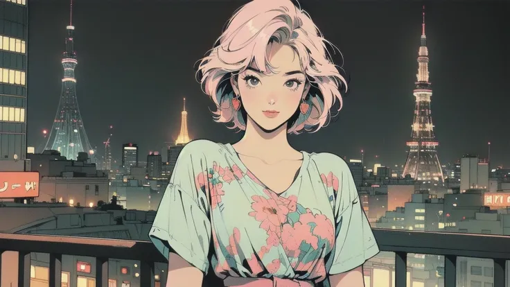 (((masterpiece, Best Quality))), The most detailed background, ((( flat chest))), (((32K Wallpapers))), (((Retro night city and woman))), ((( a woman who can see Tokyo Tower in the distance))), The most detailed background, (( flat chest)), ((( surrounded ...