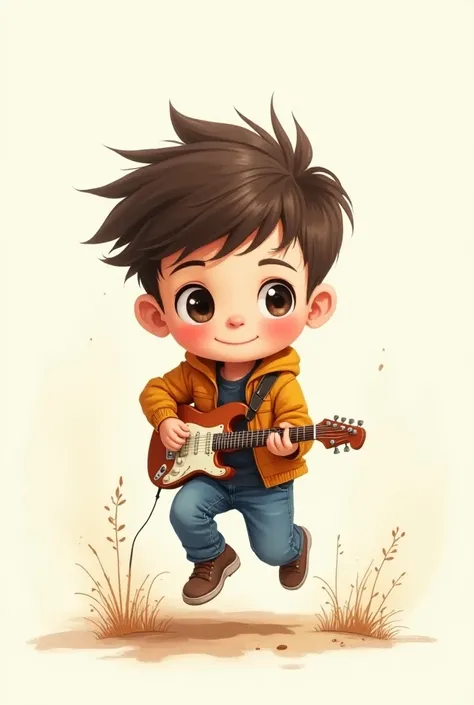 high quality, 2d watercolor babish look   character as rockstar runner  , . i need a  soo cute illustrated   character   1 boy  running in ground  , age of 4 with cute  face ,  and big eyes . ( i want to place in book )