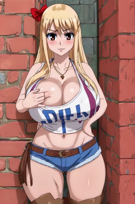 Lucy heartphilia,Fairy tail,Big breast,Curvy figure,Golden bracelet,Half open eyes,necklace,stud earring,Tank top with cleavage and open navel,Hot pants,Tight Cleavage,Enchanced breast,Prostitute,Street alley,Enchanced big Breast,Heels Boots,Dark guild,Blo...