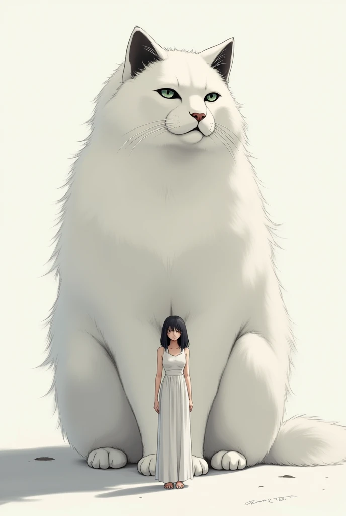 A large cat with mostly white fur and a little bit of black, and a woman standing next to it, facing forward.