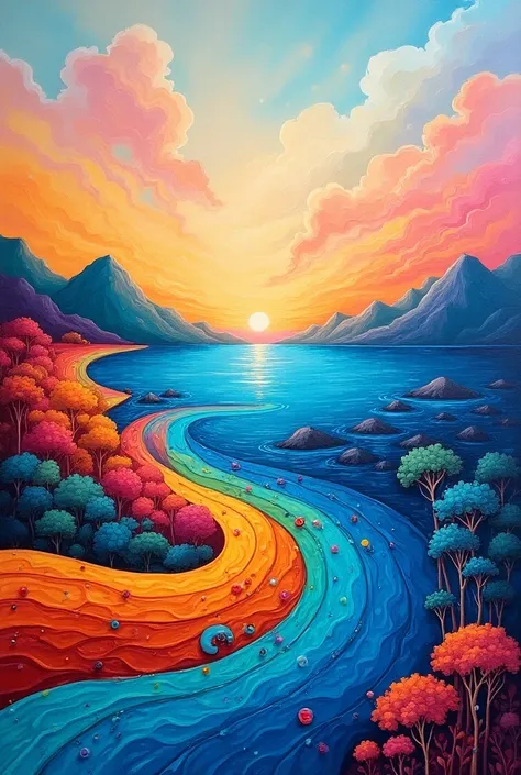 Scenery is curved 、 colorful 、 acrylic paint style、null、sea、Mountain、