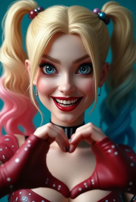 Harley Quinn Mobile Wallpaper Closeup ， Smiling with her hands stitched into a love shape