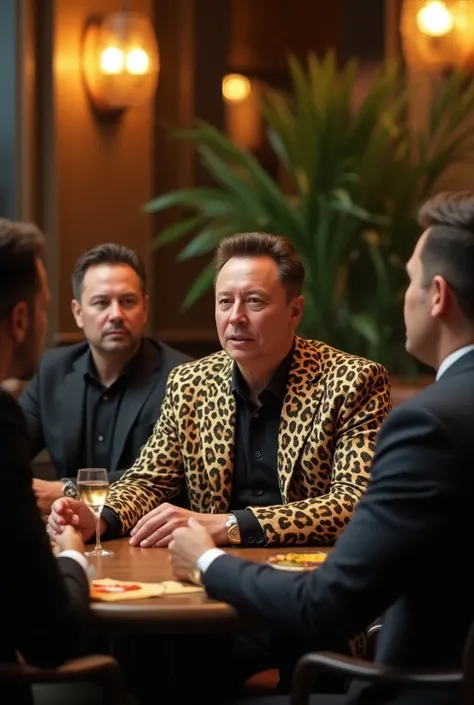 Russian man millionaire in leopard jacket is sitting in restaurant and talking about something with Elon Musk and Mr Beast in African Road restaurant
