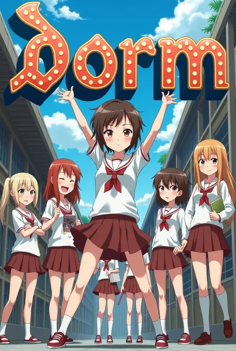 Ornate funny lettering  "dorm"  in anime style surrounded by 8 cute different anime girls in the strict uniform of a womens academy ( white shirt and brown skirt ),( , the main character is a completely flat-chested brown-eyed brown-eyed tomboy with short ...