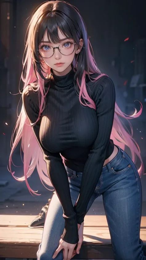 Upper body, (random porn pose),(Highest image quality,(8k), (Pink Eyes), ultra-realistic,best quality, Long hair with Bangs, Black hair, Wearing Glasses, high quality,  high definition, high quality texture,high detail,beautiful detailed,fine detailed,extr...