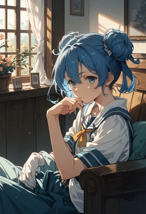 urakaze(kancolle),blue hair,blue eyes,double bun