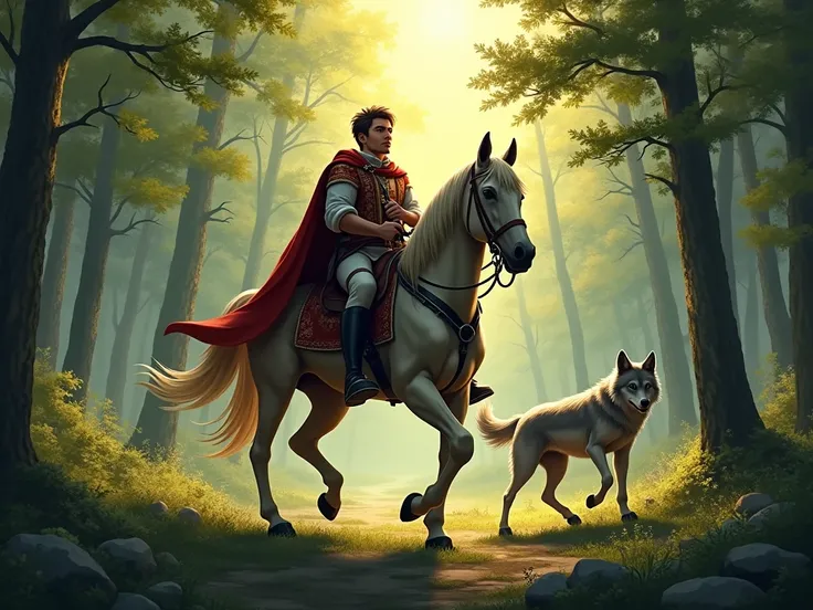  create a picture of Ivan Tsarevich on horseback in a dense forest, The sun is shining, next to the gray wolf, the picture is realistic 