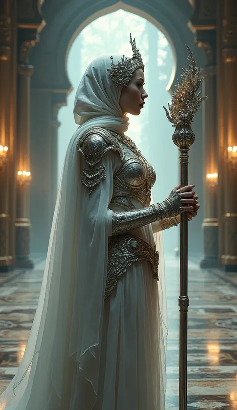 "A stunningly gorgeous ethereal female warrior wearing a hijab, with long silver hijab accesories partially hidden under her jeweled hijab, donned in intricate, shimmering armor inspired by Alfons Mucha. Her appearance is highly detailed with vibrant, rich...