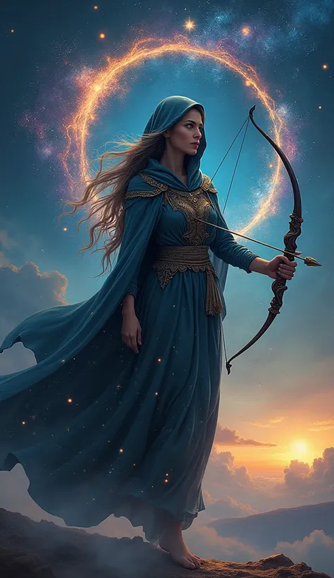 mystical Sagittarius woman cloaked in a starry mantle that seems to merge with the night sky itself. She has an intense gaze, with her eyes glowing in her sign’s color. Symbols of Sagittarius, like the bow and arrow, float around her as she walks through a...