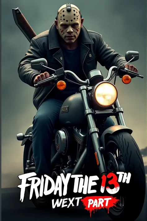 Create an ultra-realistic cinematic poster of the character Jason Burries he is riding a Ray Davidson motorcycle on his back has a machete that is attached to his back the logo is Friday the 13th part 25