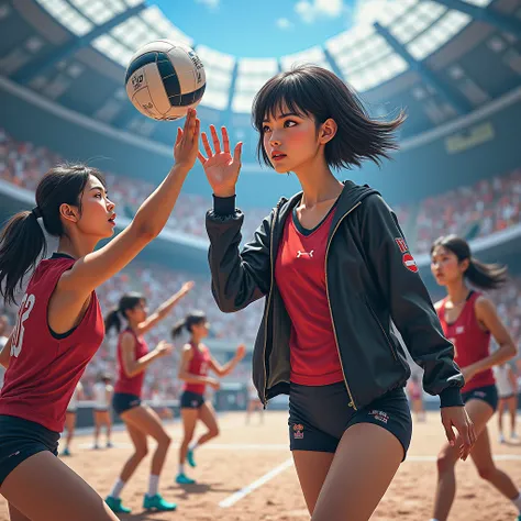 (masterpiece:1.1), (Best Quality:1.1),  full body,  short hair,  volleyball player、Good anatomy, beautiful女の子, Fair skin, Black Hair,  perfect face, (Smiling high five with teammates wearing a black windbreaker over a red uniform)、 high definition, Compreh...