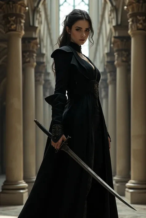 A fictional universe ,  A large palace ,  on the left side of the girl ,  on the right side of the girl .  with a sword in her hand, let her face be hard .  And dont let the girls outfit be too open. And let the girls dress be black . Finally, let the girl...