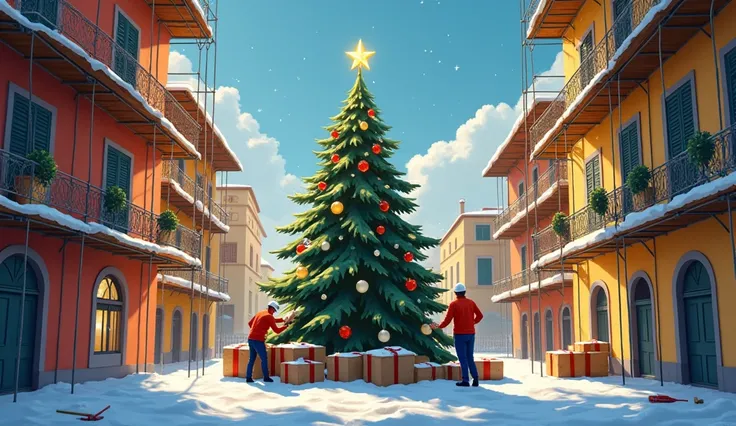 depict a christmas card from an advertising modern company that deals with self-lifting scaffolding, scaffolding, construction, construction sites. Work on building facades. An ordinary southern Italian city, with 5-story buildings, 7 floors. There are no ...