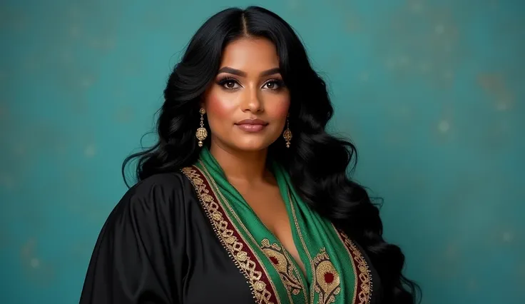 ,  high resolution ,  masterpiece: 2.6),  a fat woman in a black caftan decorated with gold threads,  and on her chest a green Algerian scarf , blanc et rouge, beaux grands yeux, Black hair, matte skin, Sea blue background ,  realistic image, demi-portrait