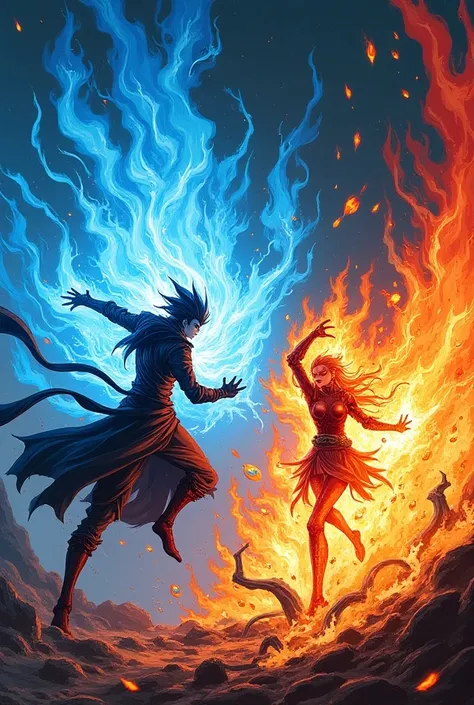  Create a 5 colored manga panel image where there are two guys of the anime character who have blue fire power with khodam ashura and the other one has the khodam demon hellfire, They then fought fiercely and were won by the blue fire user character with k...