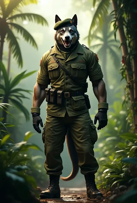 a dog in military attire and human features in a jungle environment 