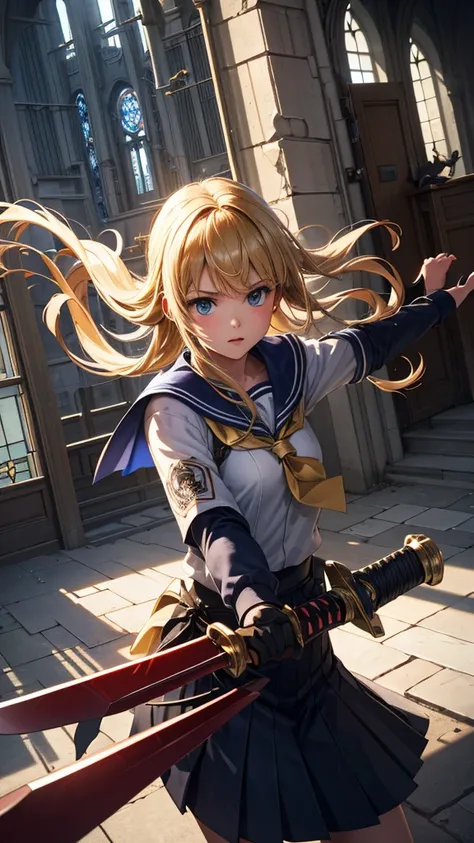 Best Quality, Realistic, photoRealistic,, Cinematic Light, 、The Atrium Association 、 the whole building is visible 、Armed High School Girl 、 cute high school girl looking sideways、 Blonde High School Girl Equipped with a Sword 、 flat chest、 sailor suit、 is...