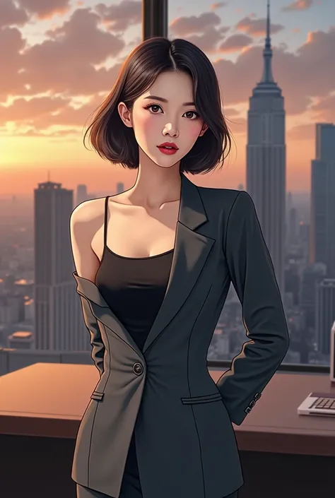 1girl, korean girl, solo, parted lips, office lady, business suit, pencil skirt, skyline, cloud,sunset, arms behind back, looking at viewer, single bare shoulder