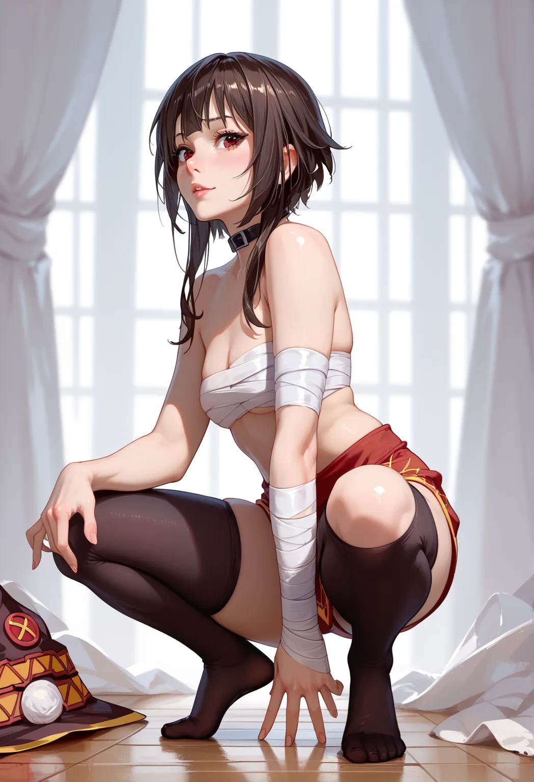 megumin,sexy、chest、squat、bandages are wrapped up to the thigh of the right foot 、 i wear black stockings up to the thigh of my l...