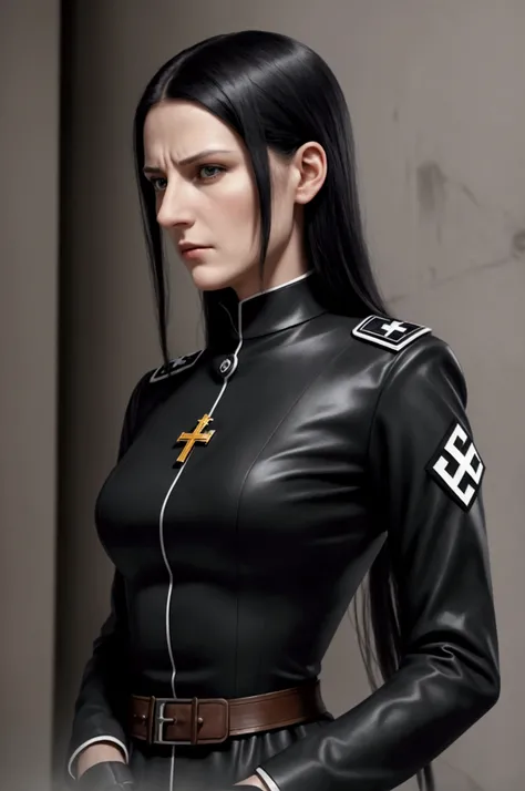 1 woman, german woman,calm and bored expression, black hair, catholic nazi, nazi style, villain, serious leader , perfect face, detailed face, glued clothes, full body
