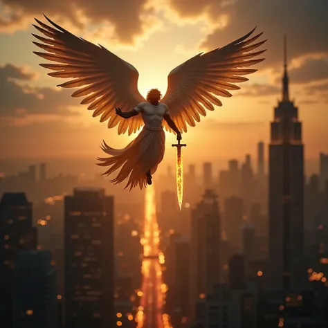  **Mega Image Prompt:  The mighty angel Michael flying over the metropolis ** **Description**:  The air is heavy with mystical energy while the powerful archangel Michael flies over an immense metropolis ,  his imposing silhouette illuminated by the golden...