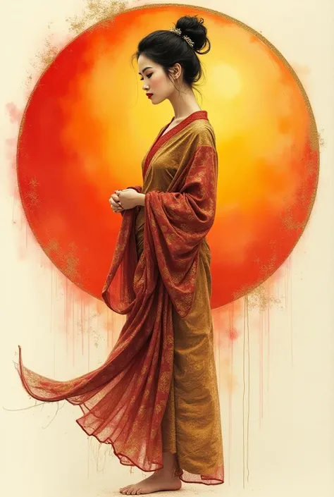 Sketch of a fabric Thaiwearing depressed Thai woman  smiling in a red yellow gold circle background.  a pencil color sketch.
full body 