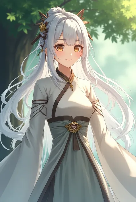 masterpiece, best quality, 1girl, solo, long hair, looking at viewer, smile, bangs, hair ornament, red eyes, long sleeves, dress, standing, collarbone, white hair, grey hair, alternate costume, wide sleeves, tree, chinese clothes, hairpin, hanfu, ningguang...