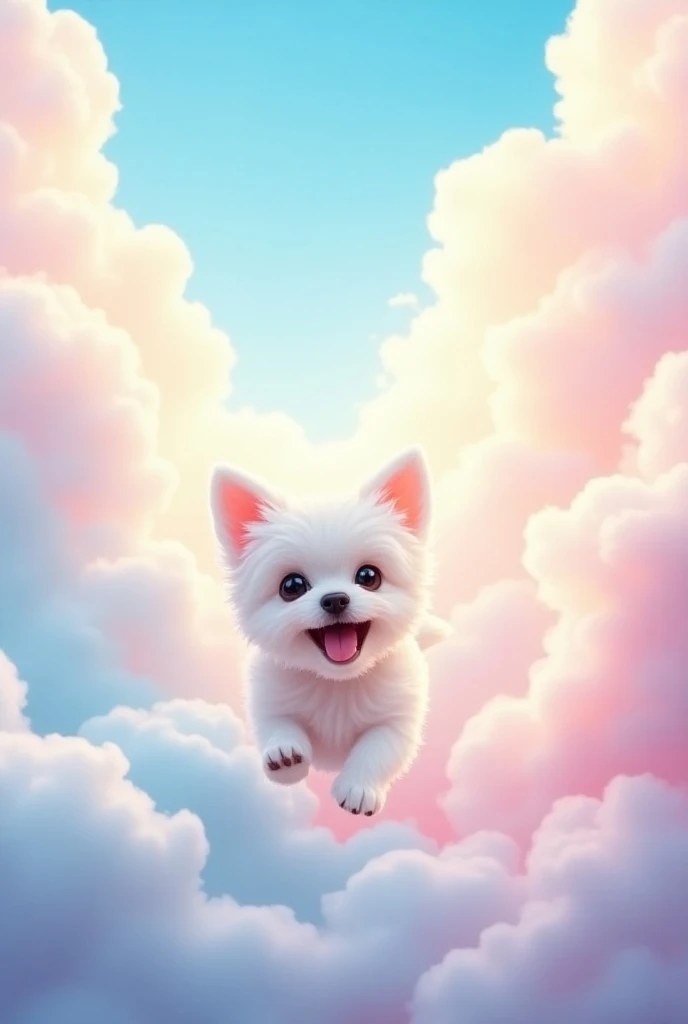 Wallpaper with multicolored baby Maltese ren running and playing on the clouds
