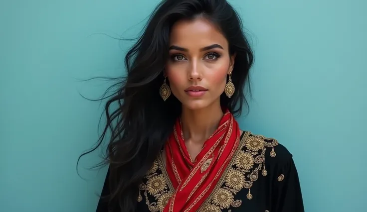 ,  high resolution ,  masterpiece: 2.6), A beautiful woman in a black caftan decorated with gold threads,  and on her chest a green Algerian scarf , blanc et rouge, beaux grands yeux, Black hair, matte skin, Sea blue background ,  realistic image, demi-por...