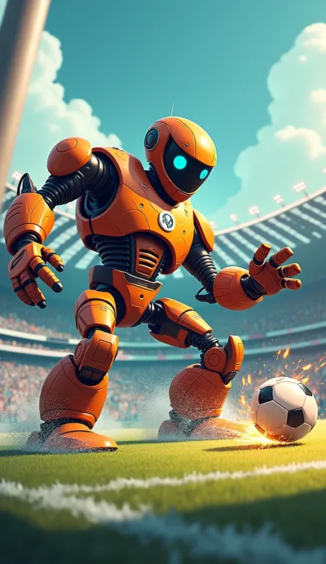   A giant robot , caricatured, In goal , s shot trying to stop Cristiano Ronaldos shot.  The ball is halfway to goal ,  surrounded by sparks ,  highlighting the power of Cristiano .