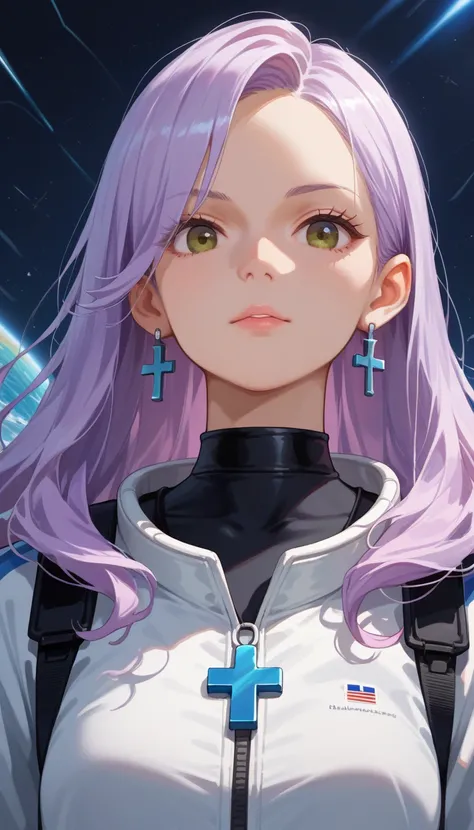 An anime girl portrait with long, flowing lavender hair styled in loose waves, dressed in a high-neck black and silver spacesuit with intricate circuitry patterns. She has soft brown eyes, a black choker with a tiny cross pendant, and silver cross, cross e...