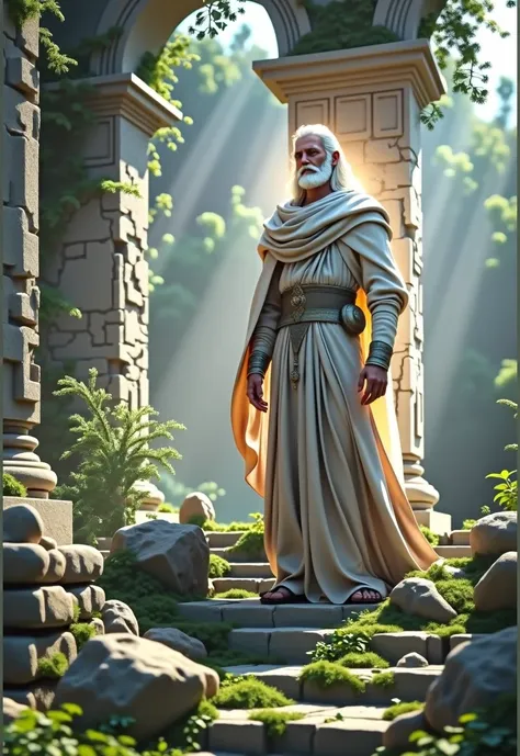  Sariel is this character I want you to make him be in a divine way and to be seen with authority ,  with a beautiful fantasy background and bathed in soft sunlight ,  and you are part of a forgotten stone ruin of Greek structures covered green moss and il...