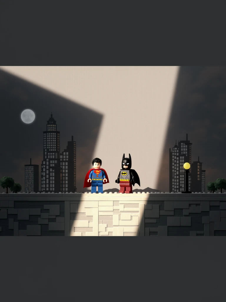 Superman and Batman in Lego art, nighttime