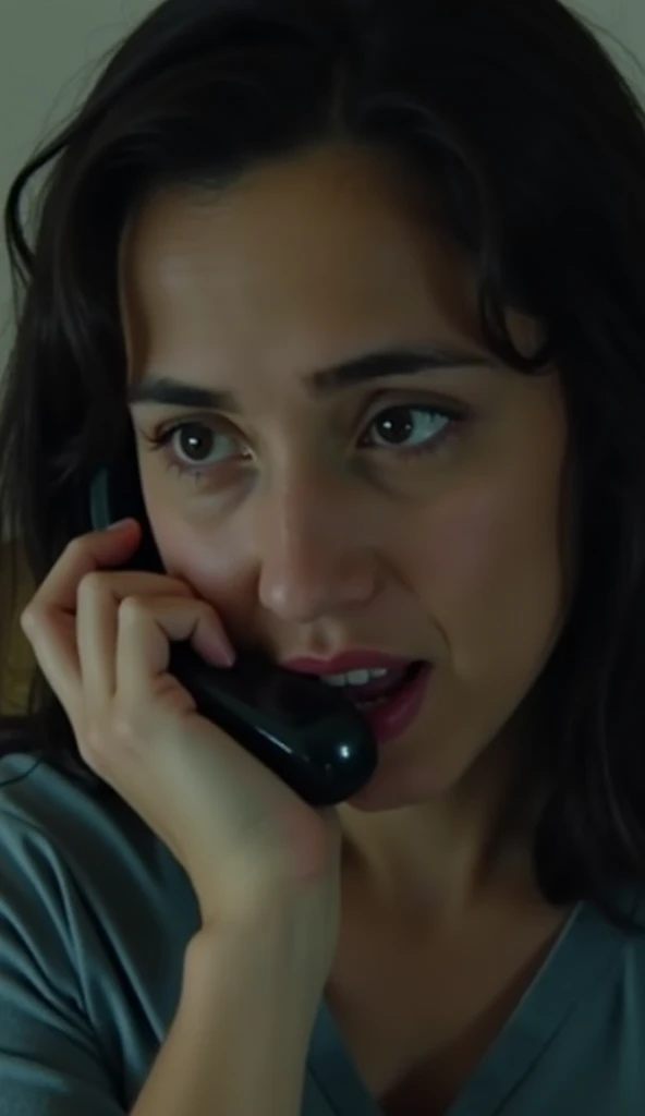 Heavy breathing on the line – Close-up of Laura’s face as she listens to the phone, wide-eyed, with the faint sound of heavy breathing coming through the receiver. Her face is tense with fear as she realizes something is wrong.