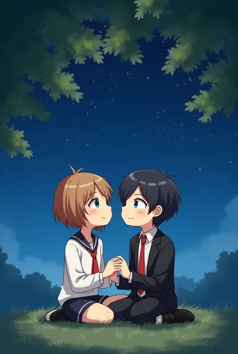 1 male to male couple holding hands sitting under the tree looking at the stars, frontview fullbody, chibi, [1 boy on the right, light brown bob haircut, blue eyes, white longsleeve, red sailor neck tie, black short pants, white long socks, and black shoes...