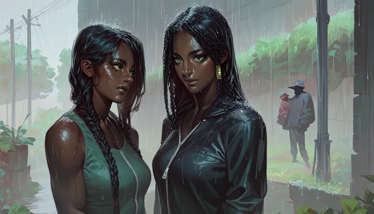 Dark skinned woman. Wearing a  sweatshirt. Black pants. Long braided hair. Green eyes. In the rain. She is being napped by three men