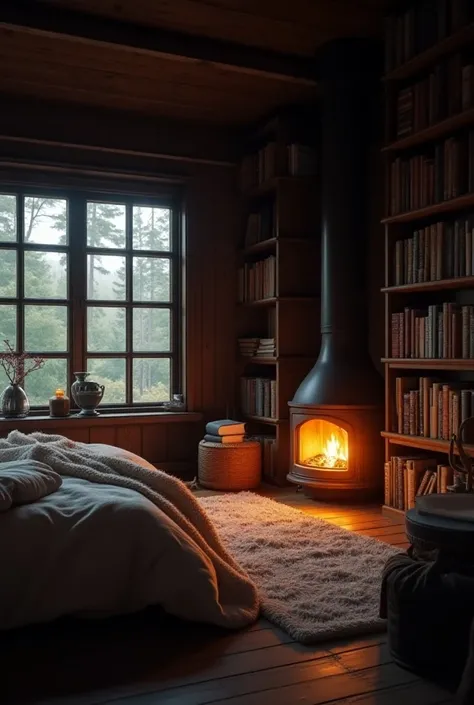 Big window cabin. Cozy bed. Carpet. Fireplace. Dark. Bookshelf