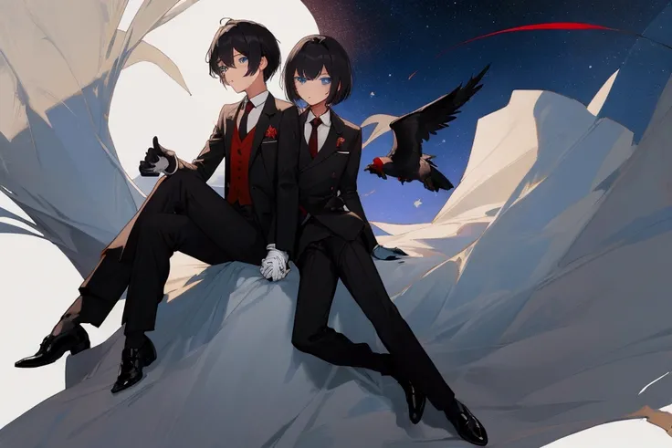 1 male to male couple holding hands sitting under the tree looking at the stars, frontview fullbody, chibi, [1 boy on the right, light brown bob haircut, blue eyes, white longsleeve, red sailor neck tie, black short pants, white long socks, and black shoes...