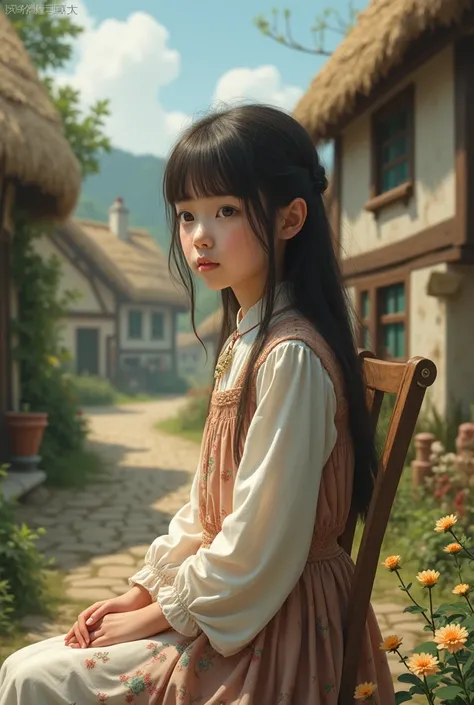 A girl seating in chair, in background village scene 