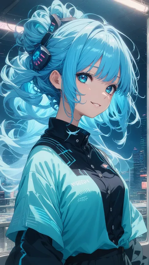 An anime girl with pastel blue hair styled in loose waves that fall just past her shoulders, highlight the face, dressed in a stylish, fitted black button-down shirt with subtle neon blue piping along the seams. She stands with a relaxed posture, her hands...