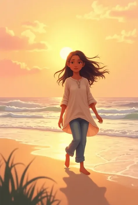 "Create an image of a young Indian girl walking barefoot on a sandy beach during sunset, wearing a simple kurti and jeans. Her hair is blowing gently in the breeze, and she has a relaxed, joyful expression. The golden sun casts a soft glow on her face, and...