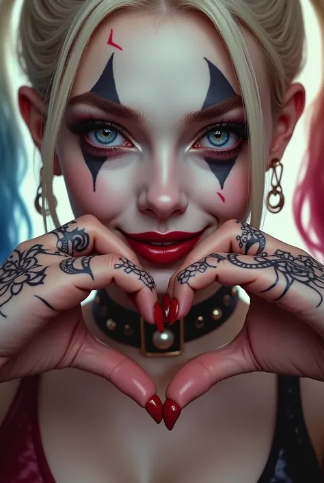 Harley Quinn close-up， Smiling with her hands stitched into a love shape，Face，Cool tattoos on hands，Beautiful and lovely style