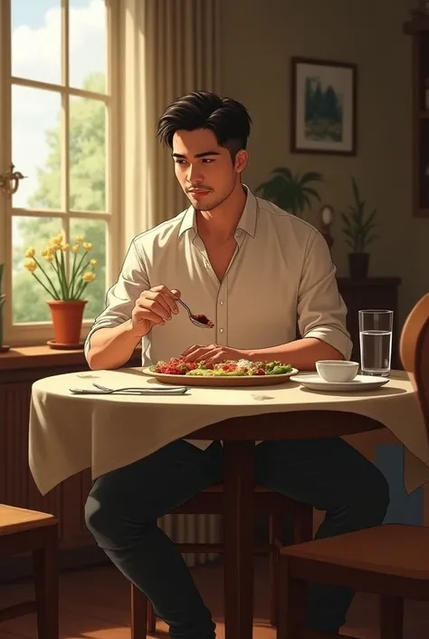 A men sitting on dining table and eating food 