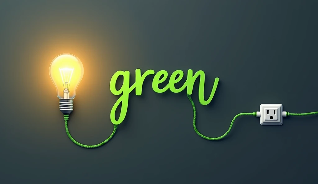 Image is a digital illustration featuring a creative layout with a dark gray background. The subject is a glowing light bulb on the left, connected to a green cord that spells out the word green in a cursive, flowing style. The cord continues to the right,...