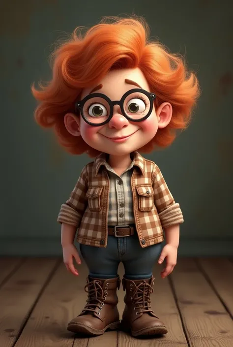 A redheaded grandma with big belly and glasses and a checkered shirt and combat boots