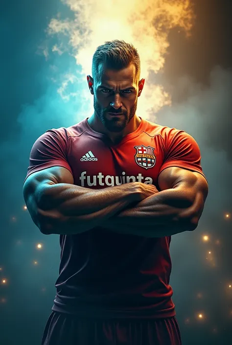 A muscular playboy with his arms crossed and an evil face in the colors blue and gold and some rays around him wearing a soccer team jersey called "FUTQUINTA"