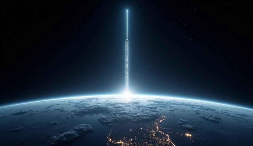 Here’s an updated AI image generation prompt for a space elevator with Earth beneath:

"Depict a futuristic space elevator anchored to the Earth’s surface, with a long, gleaming cable extending from the ground into space. The wire is incredibly thin but in...