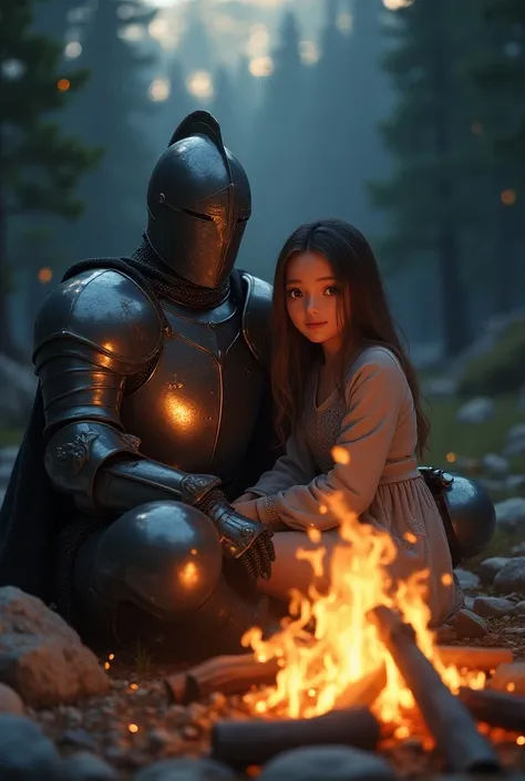 Make a medieval knight in full armor sitting next to a girl character from some anime, both of them in front of a bonfire. 