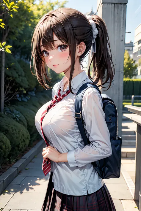 Fluffy ponytail,Brown Hair,A girl with a backpack is posing for a photo, navy blue blazer uniform ,  white shirt, red and grey striped tie,  gray plaid skirt ,  big breasts at the temple ,Outdoor urban environment,  natural light,Casual atmosphere, Front V...